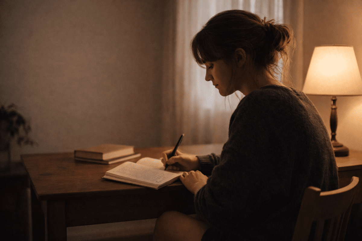 Woman writing in journal alone at wooden desk under warm lamp light — Water element K-Saju