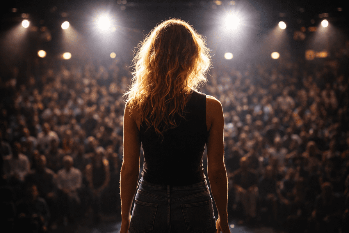 Woman standing on stage under spotlights facing a crowd — Fire element K-Saju