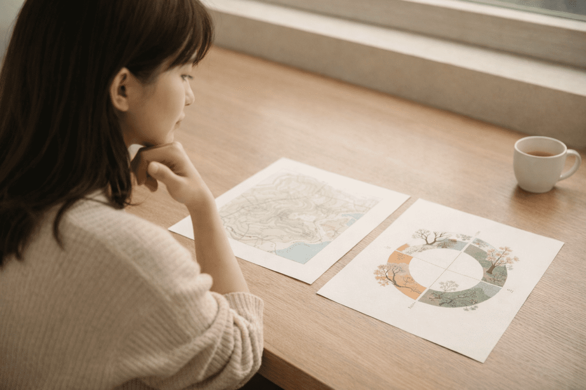 same MBTI type different results — woman looking at terrain map and seasonal cycle chart on desk