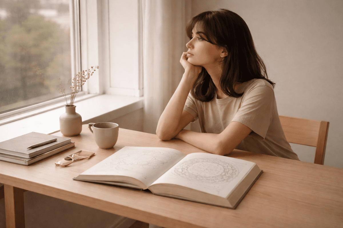 MBTI personality types timing — woman sitting at window with open book, thoughtful mood