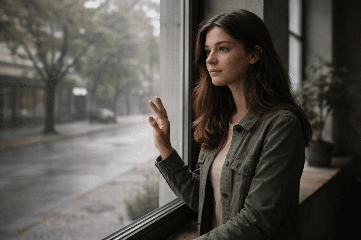 Woman standing by rainy window hand on glass, listening to herself — when pulling away is the right choice