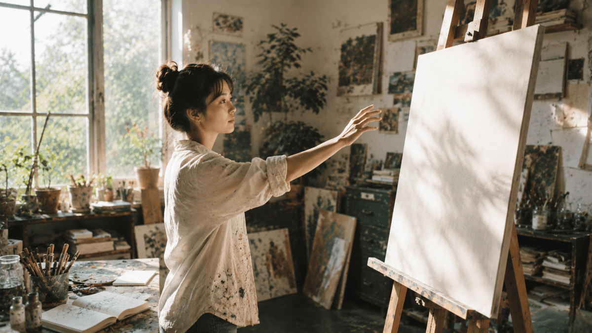 Wood element K-Saju — woman reaching toward a blank canvas in a sunlit art studio surrounded by unfinished paintings