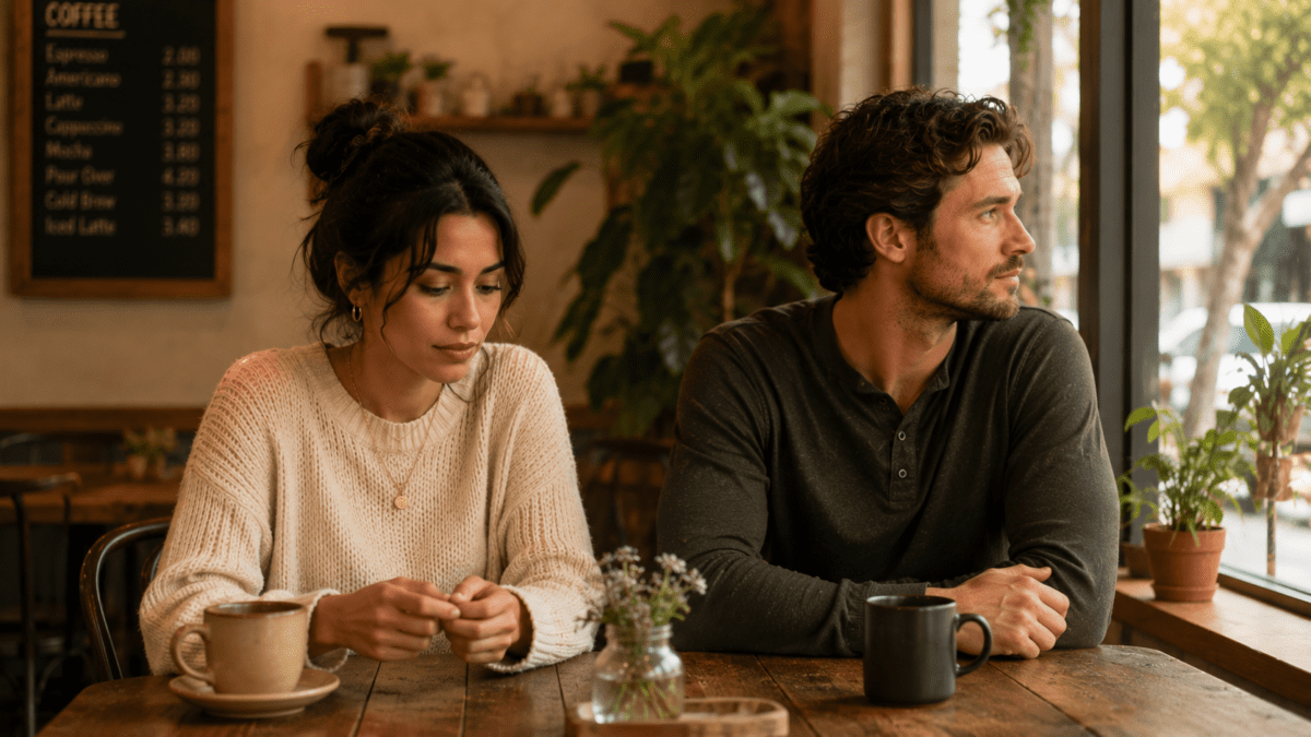 Hispanic woman and man sitting apart at a café table — yin yang attraction in K-Saju structural distance