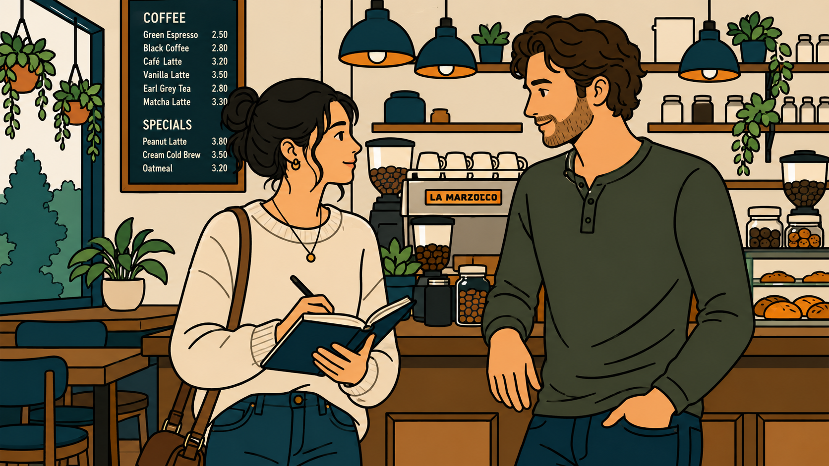 Hispanic woman with planner and man in a café glancing at each other — yin yang attraction in K-Saju first encounter