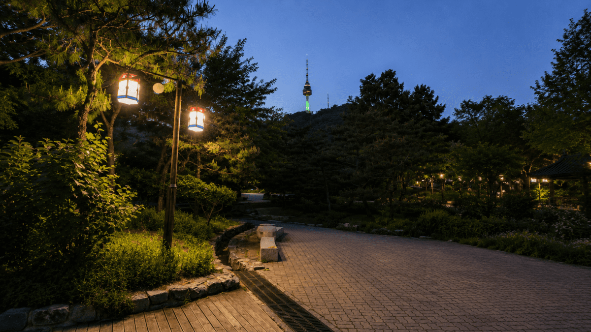 Namsan Park path at night with N Seoul Tower — yin yang attraction in K-Saju chart reading