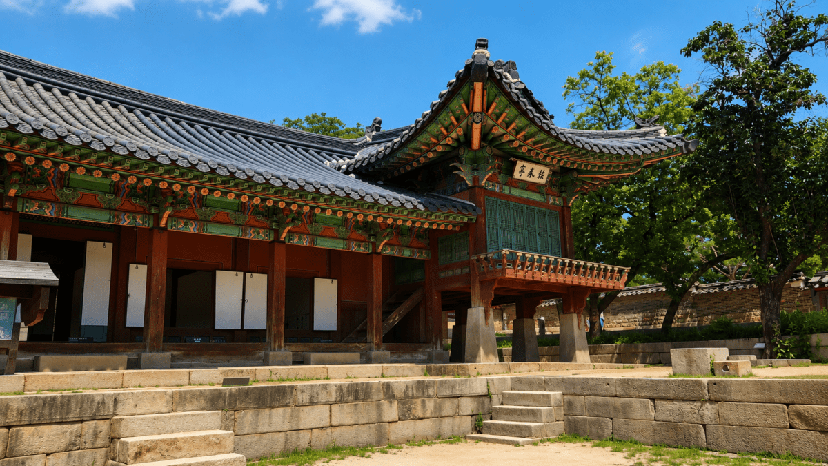 Changdeokgung Palace dancheong pavilion in summer sunlight — yin yang identity structural damage in K-Saju
