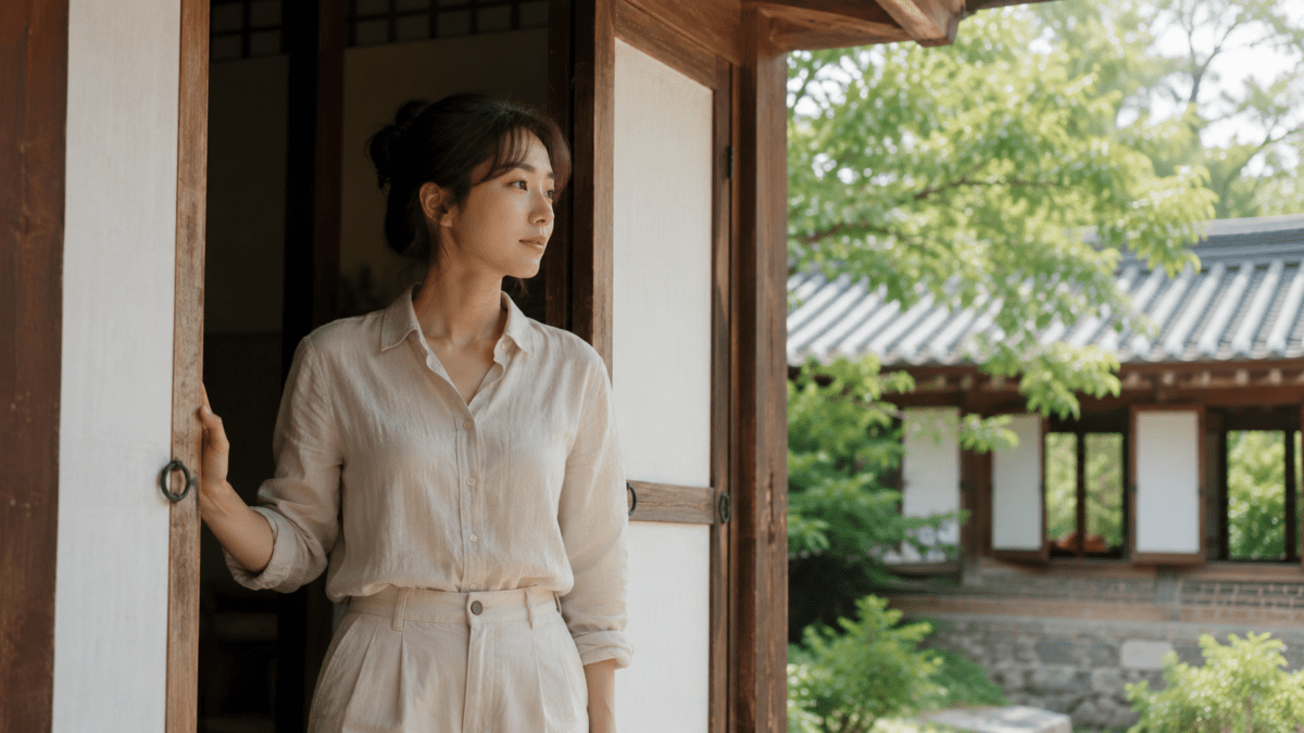 East Asian woman standing at an open hanok door looking outward — yin yang identity structural transition in K-Saju
