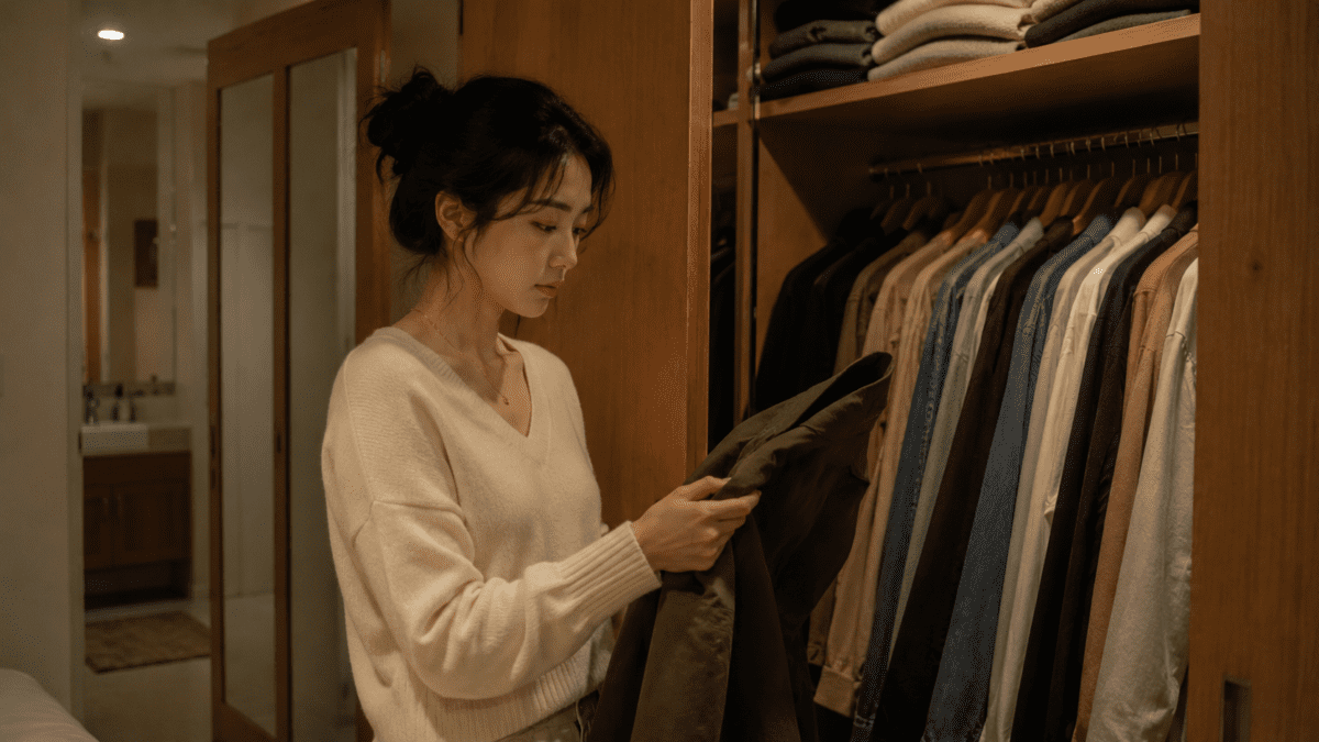East Asian woman holding a jacket at her wardrobe — yin yang identity shift phase transition in K-Saju
