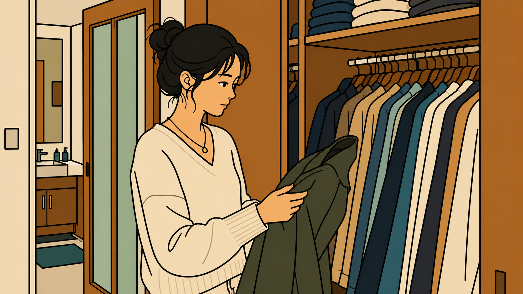 East Asian woman holding a jacket at her wardrobe — yin yang identity shift phase transition in K-Saju