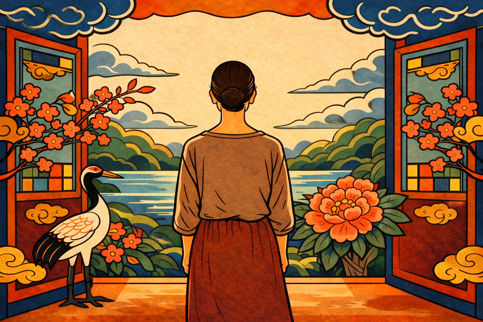 Minhwa woman at open door with crane — yin yang identity shift K-Saju