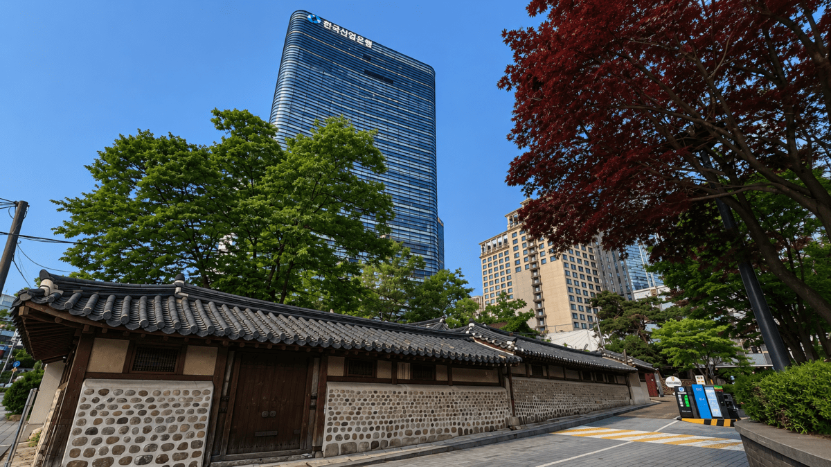 Traditional hanok wall beside modern skyscraper — yin yang korean astrology cycle layers in K-Saju