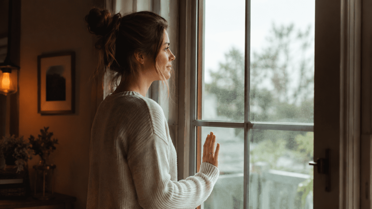 A woman stands at a window looking outside — yin yang korean astrology phase transition in K-Saju