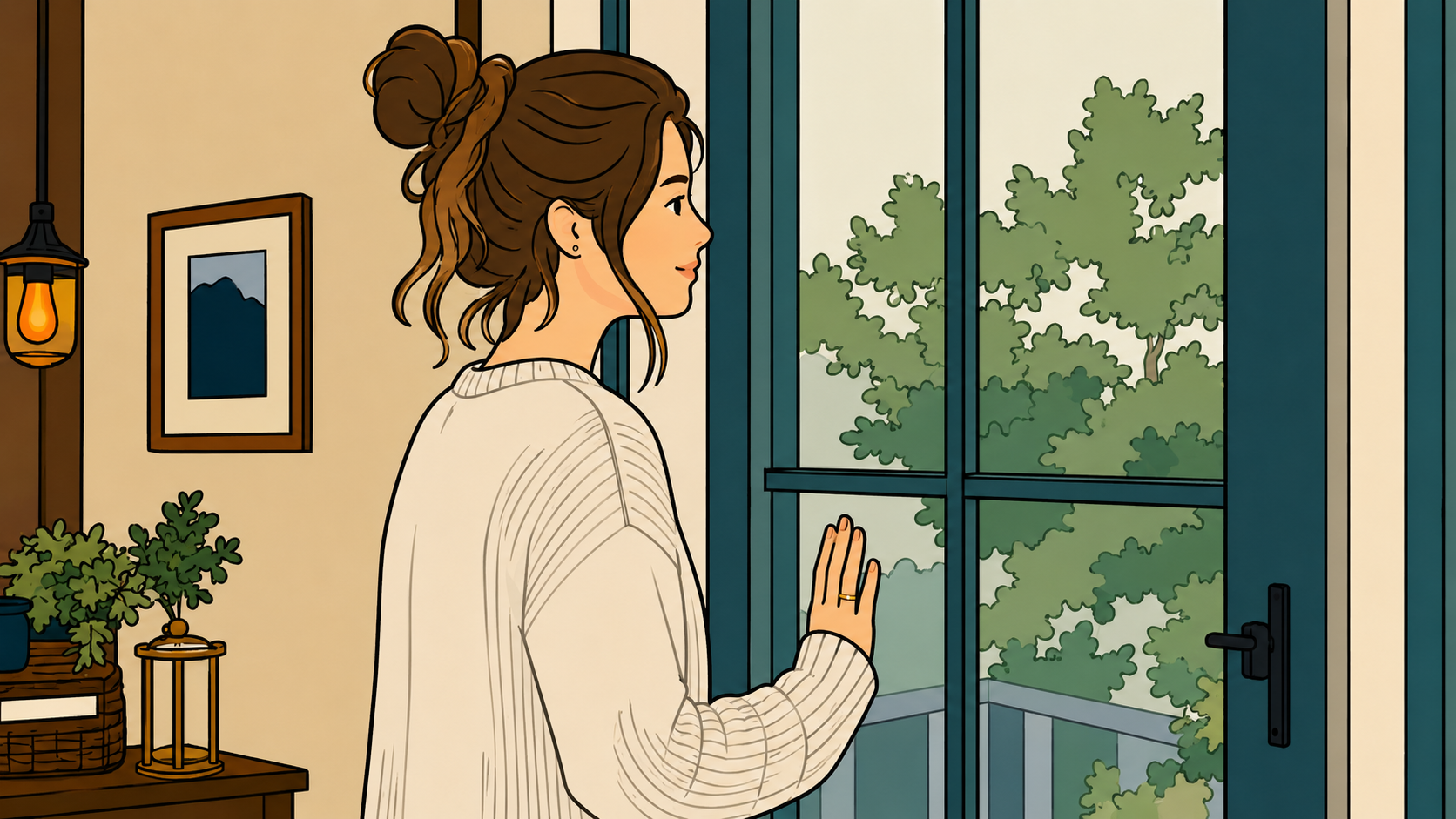 A woman looks out a window in a warmly lit room — yin yang korean astrology phase transition in K-Saju