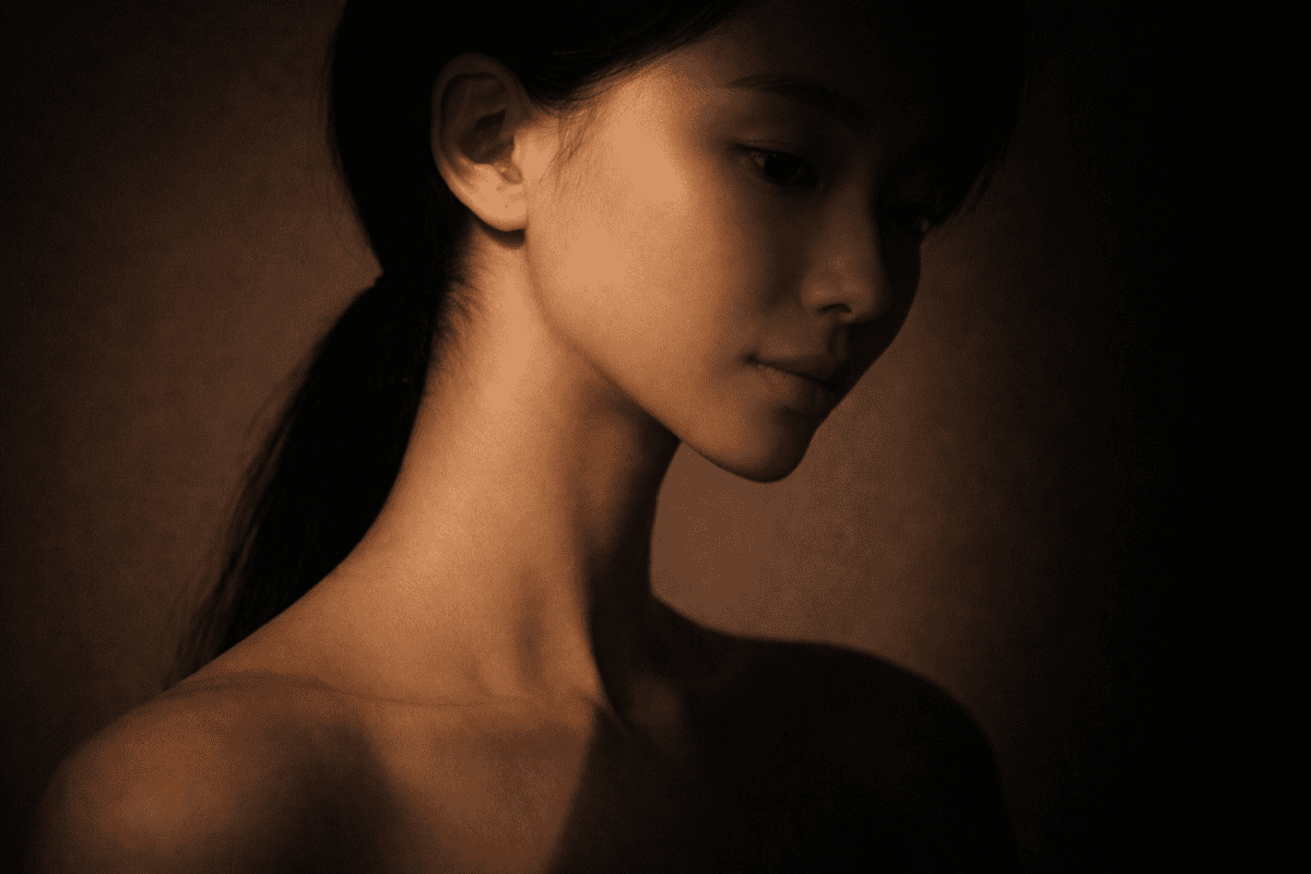 A woman's face in shadow and light — yin yang phase transition in K-Saju korean astrology