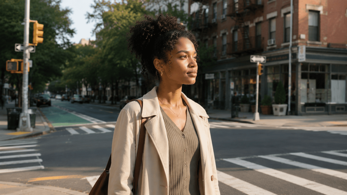 Black woman standing at a city crossroads in warm sunlight — yin yang timing signals cycle collision in K-Saju