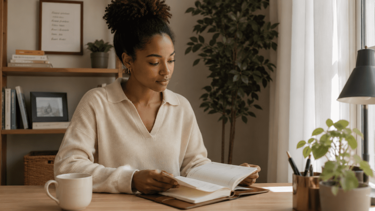 Black woman sitting at a desk reviewing her planner — yin yang timing signals phase shift in K-Saju