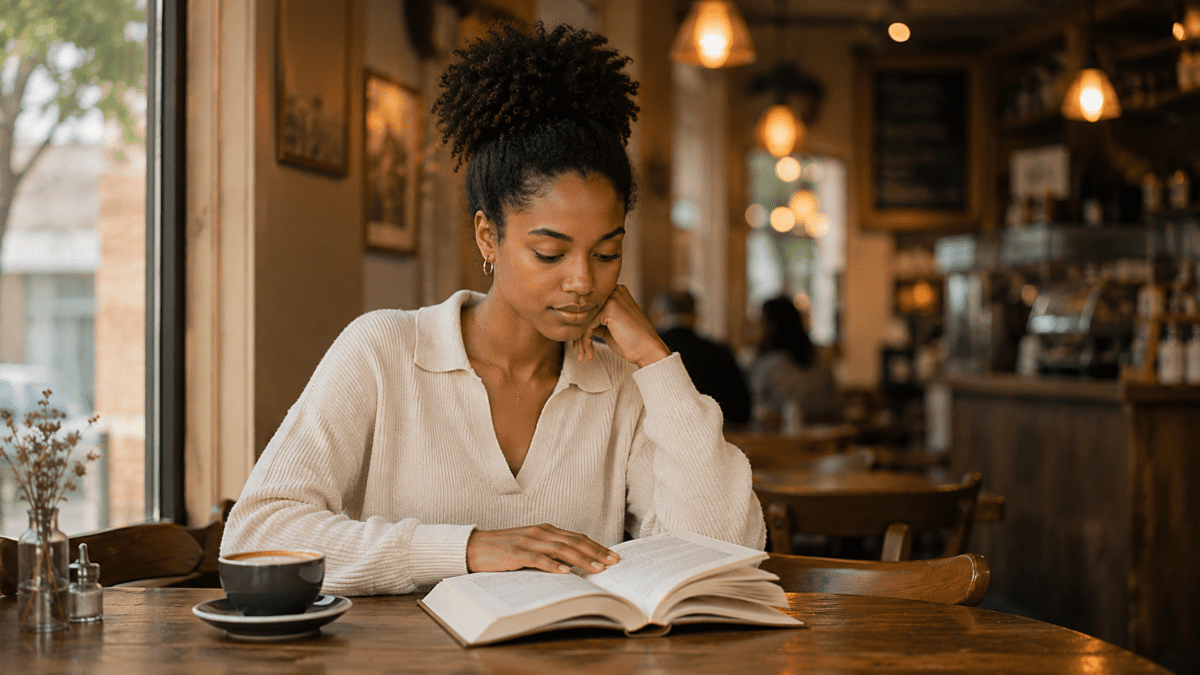 Black woman reading a book alone in a café — yin yang timing signals unexpected ease in K-Saju