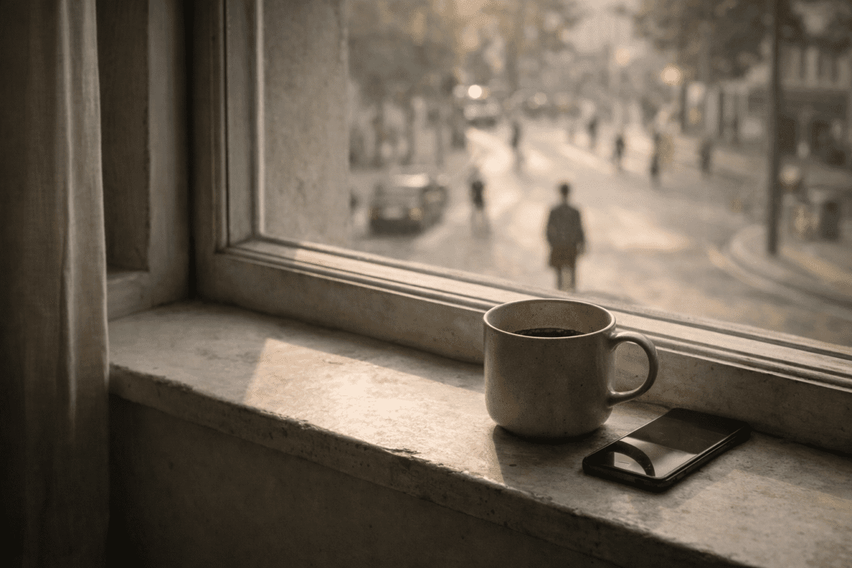A coffee mug and phone on a rain-streaked windowsill, a lone figure walking on the street below