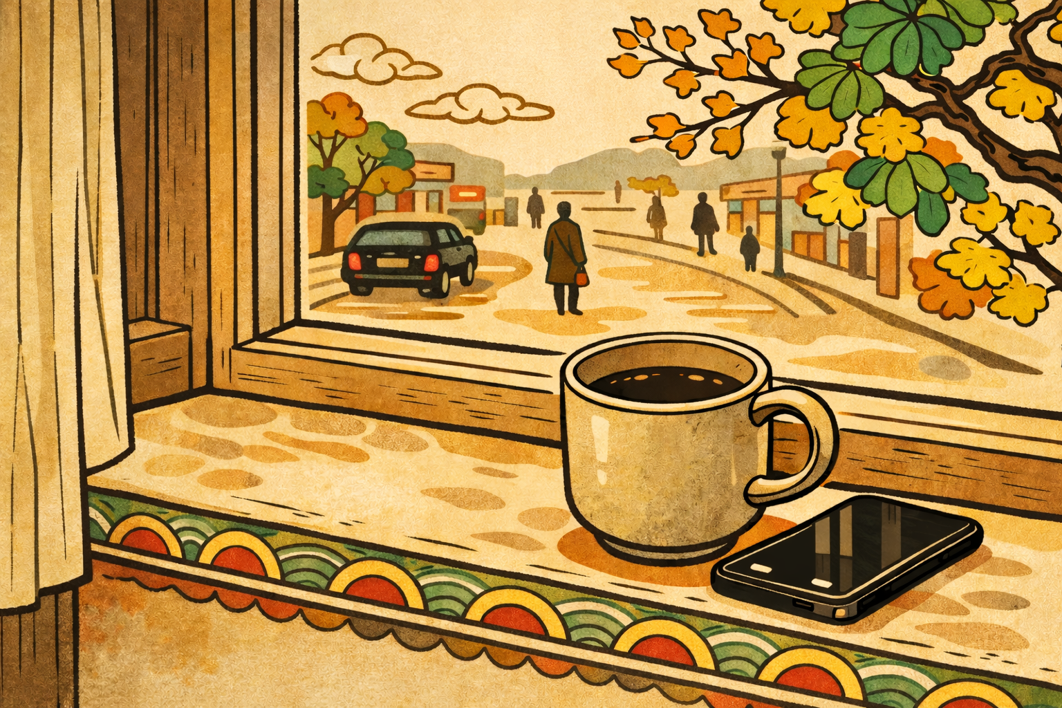 Minhwa style coffee cup on windowsill overlooking autumn street — yin yang timing signals K-Saju