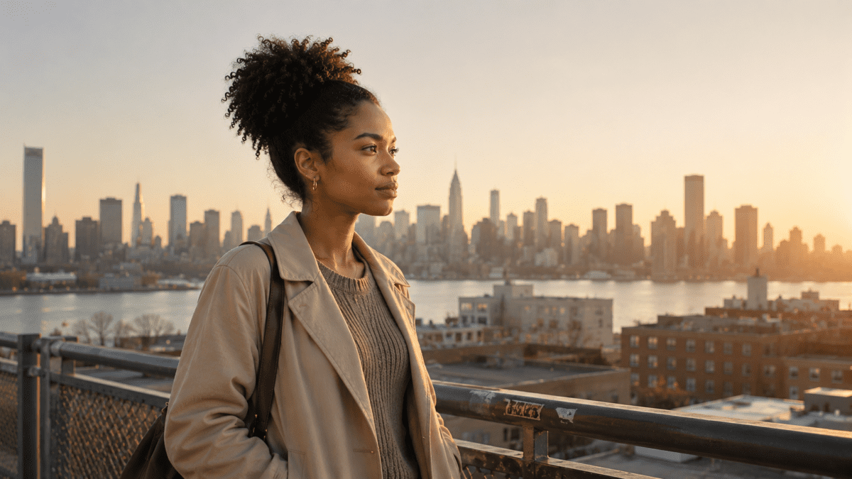Black woman standing before a city skyline at dawn — yin yang timing signals practical question in K-Saju