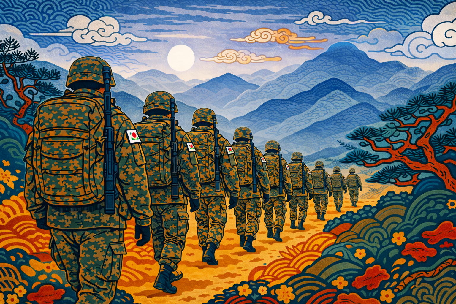 Korean soldiers walking through mountains in minhwa style illustration, representing Korean men and makeup military discipline