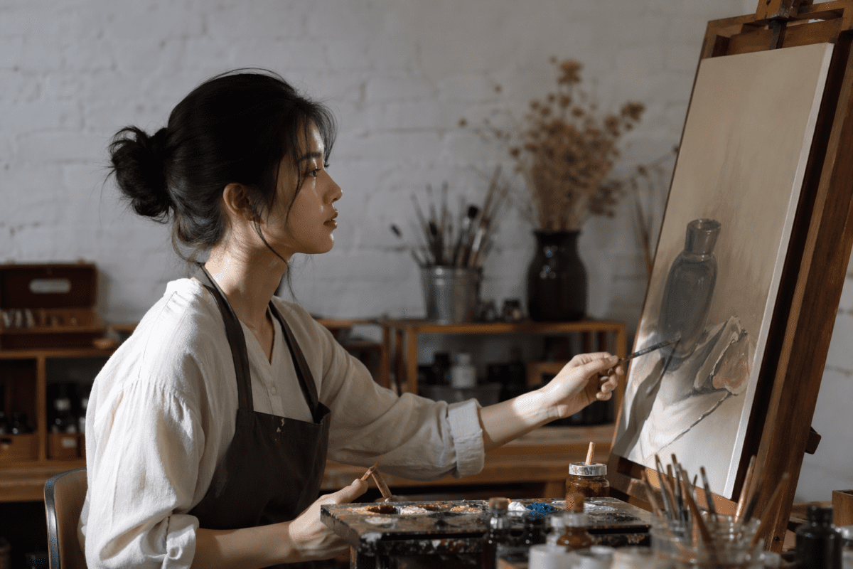 late autumn cycle astrology — a young woman painting still life in a quiet studio with afternoon light