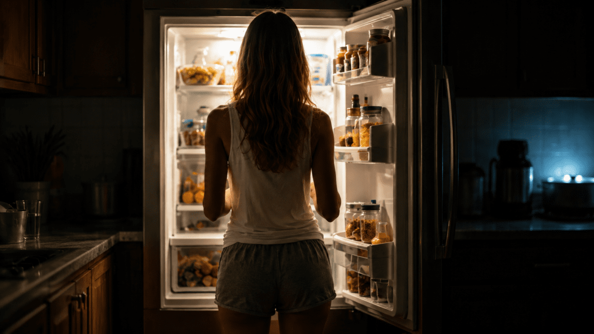 last days before payday — woman standing before an open fridge late at night, not eating