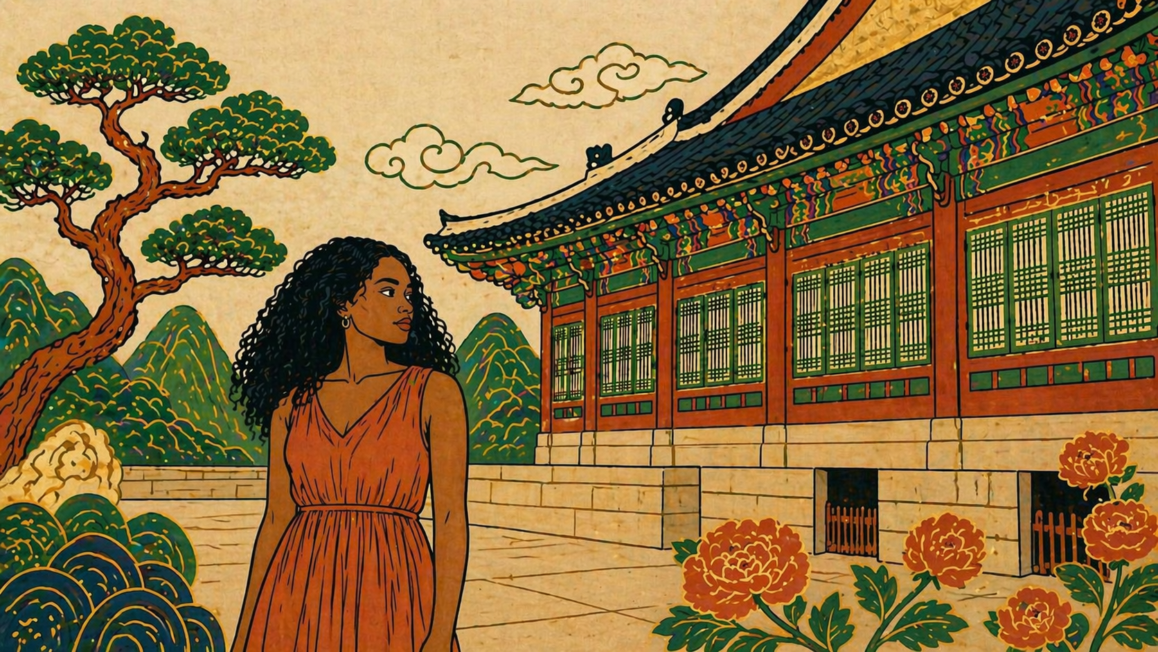 afternoon cycle meaning in astrology — minhwa-style illustration of a young woman standing beside a hanok palace hall in late afternoon light