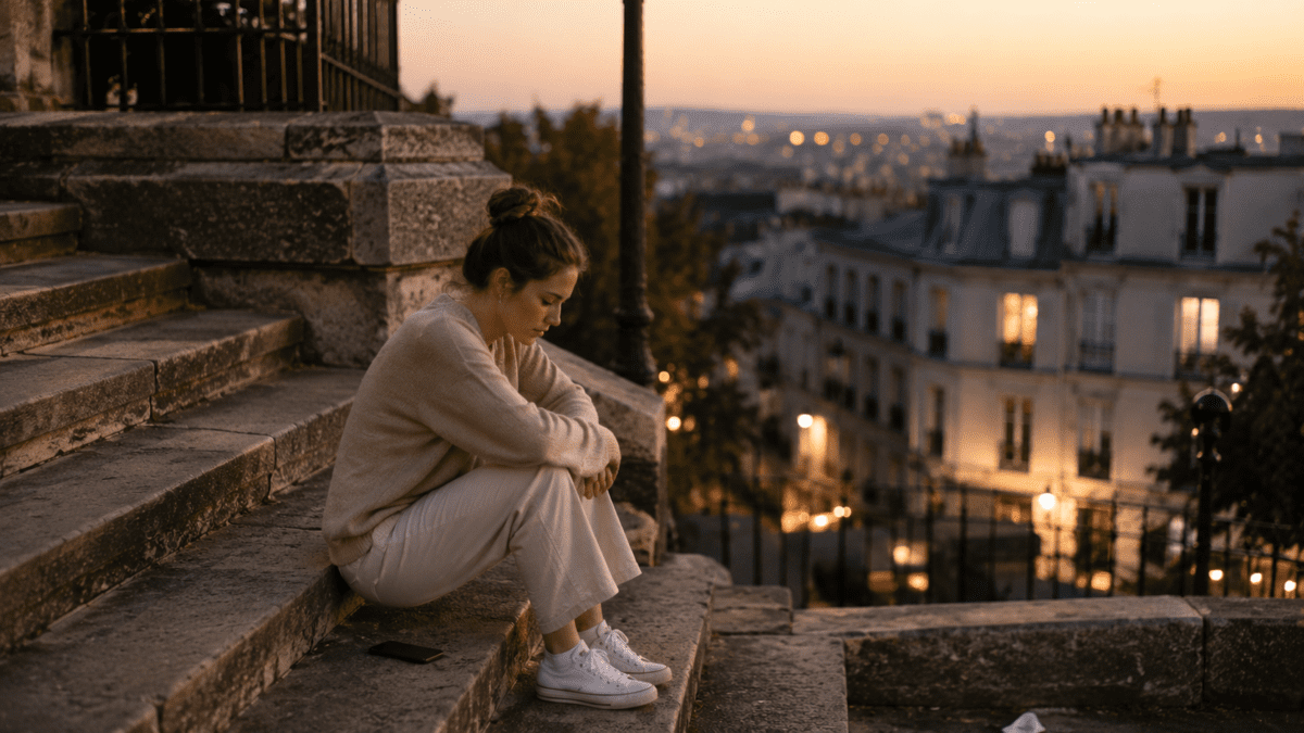 Woman sitting alone on city steps at dusk, head down in thought, reflecting after almost didn't pick up the phone