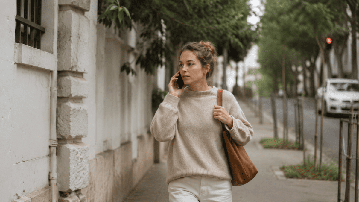 Woman walking down a city street holding a phone to her ear, finally answering the call she almost didn't pick up