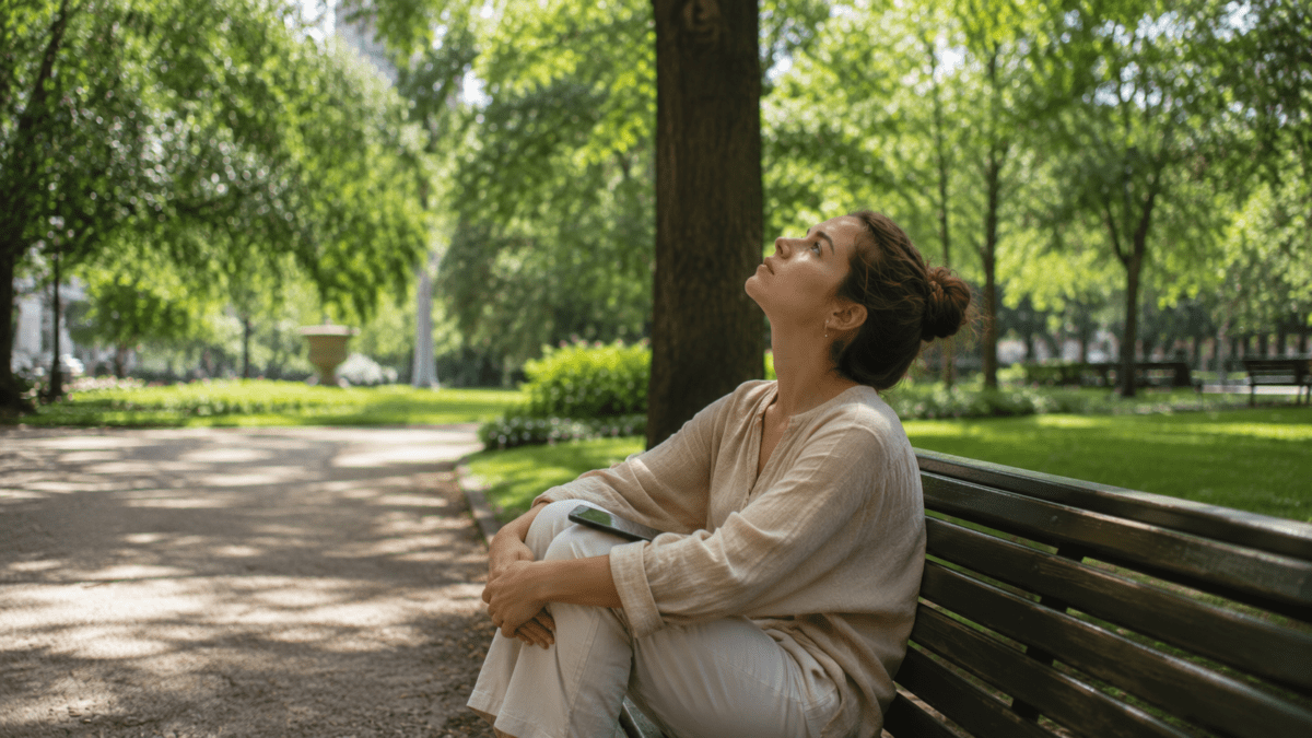 Woman sitting alone on a park bench, knees pulled up, staring into the distance after almost didn't pick up the phone