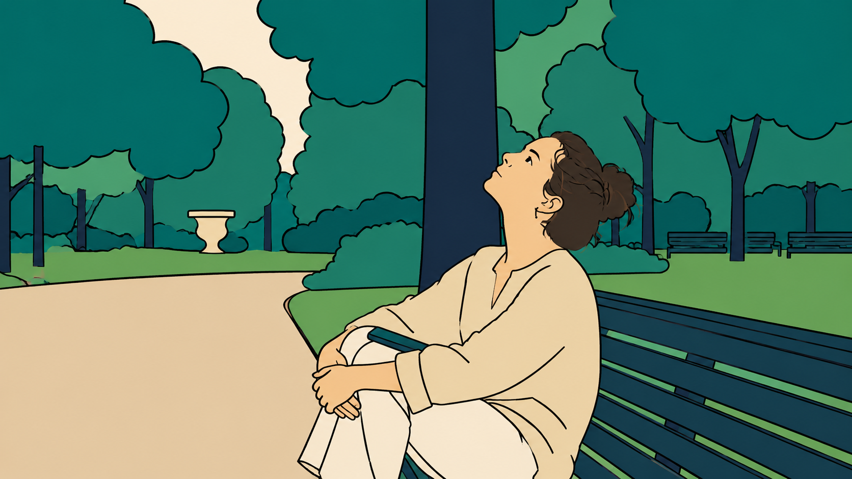 Minhwa-style illustration of a woman sitting on a park bench, knees pulled up, looking up after almost didn't pick up the phone