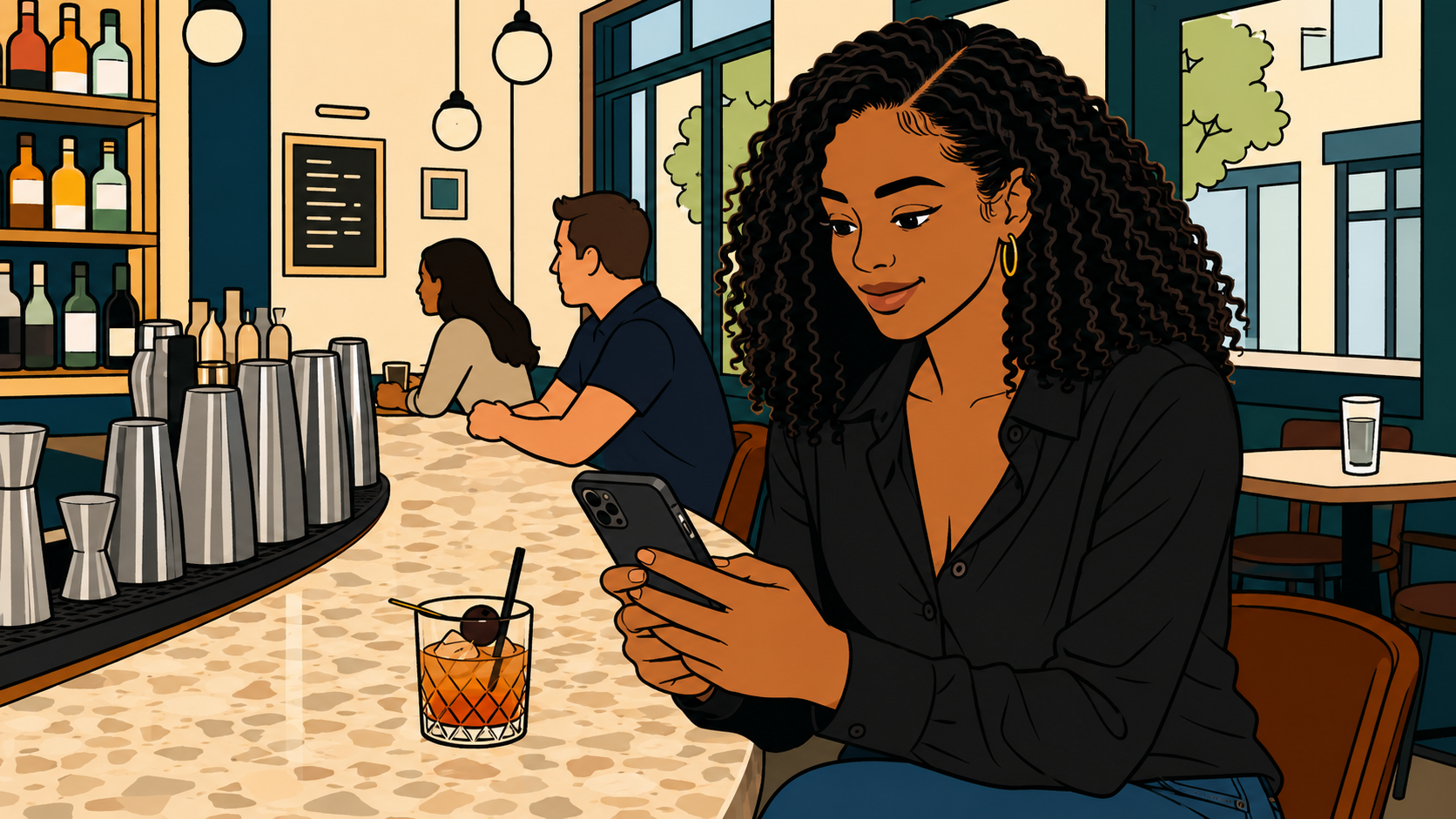 Illustrated woman smiling at her phone alone at a bar, attracted to unavailable people thumbnail for K-Saju psychology series