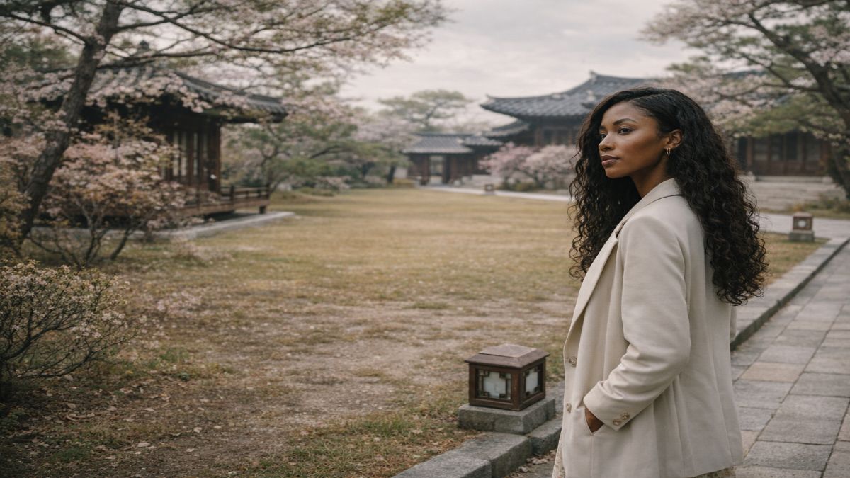 attracted to unavailable people — Black woman standing in Korean garden path, looking back over shoulder
