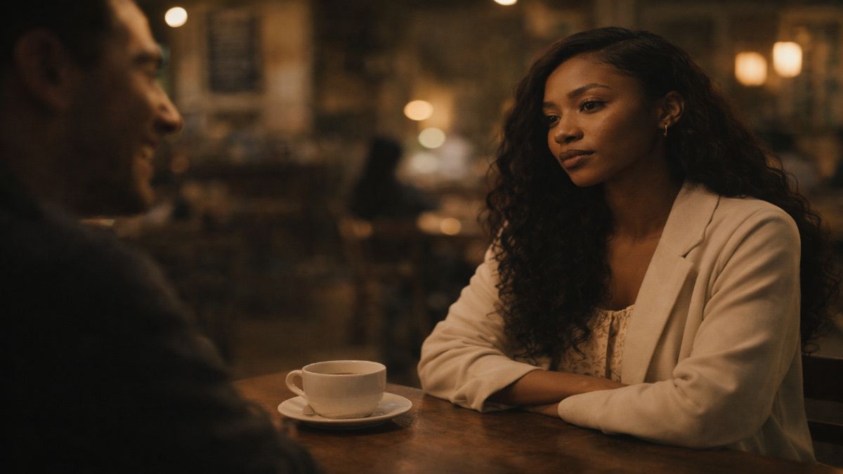 attracted to unavailable people — Black woman sitting across from someone in evening cafe, listening with a distant expression