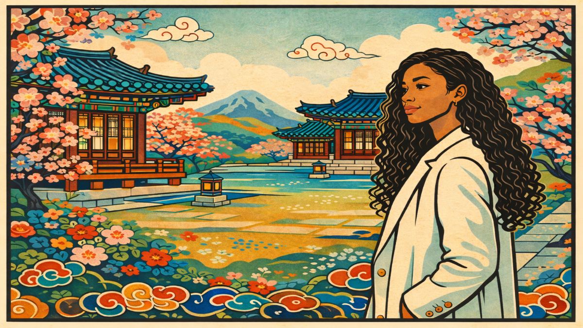 attracted to unavailable people — minhwa style illustration of Black woman standing in Korean garden with cherry blossoms and hanok buildings