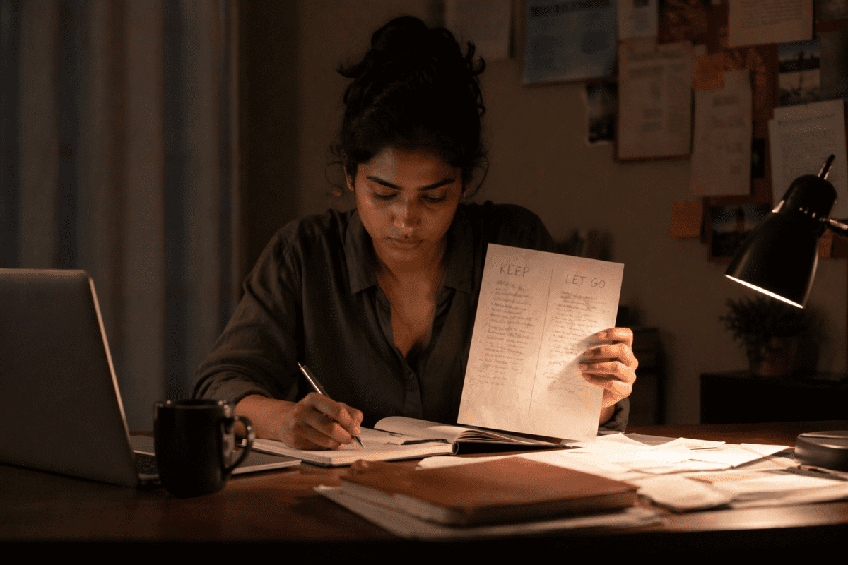 autumn transition cycle meaning — a young woman sorting a keep-and-let-go list at her desk in evening light