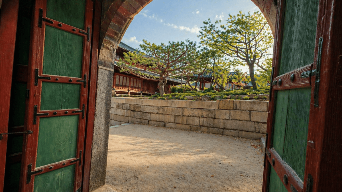 autumn transition cycle meaning — an open hanok archway revealing a pine tree and inner courtyard in autumn light