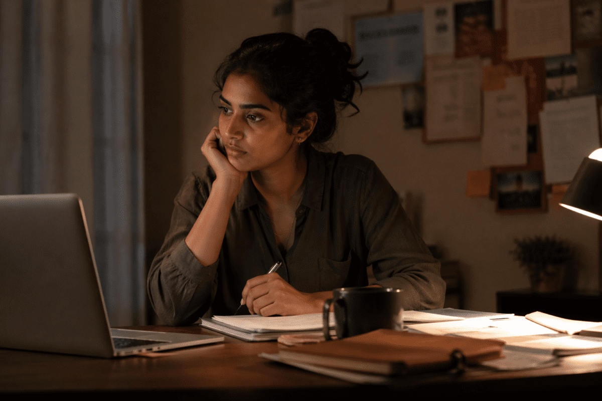 autumn transition cycle meaning — a young woman sitting at a desk reviewing documents by lamplight at night