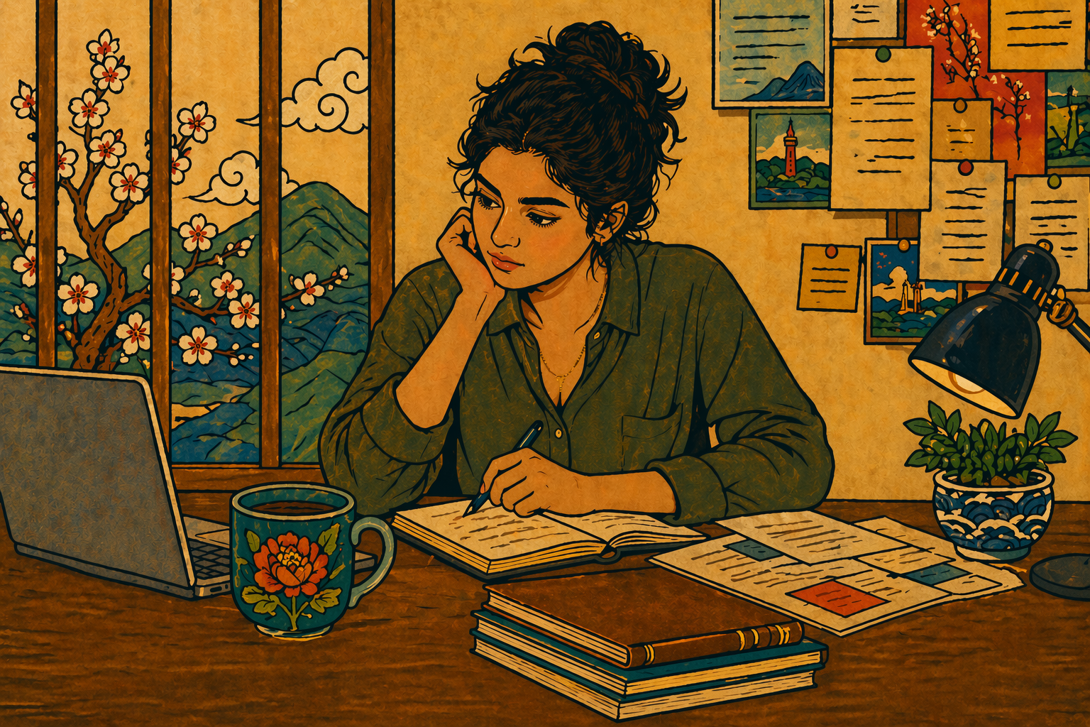 autumn transition cycle meaning — minhwa-style illustration of a young woman reviewing notes at her desk with cherry blossoms in the window