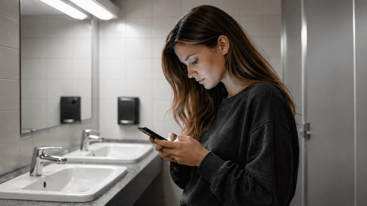 avoiding bank account — minhwa-style illustration of a woman checking her phone in a work bathroom