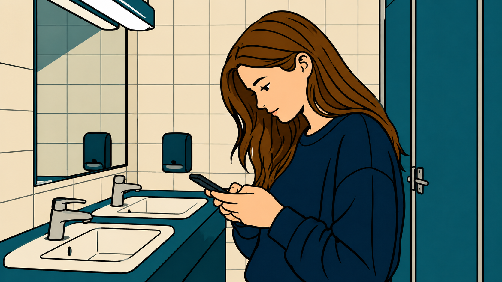 avoiding bank account — illustration of a woman checking her phone in a work bathroom