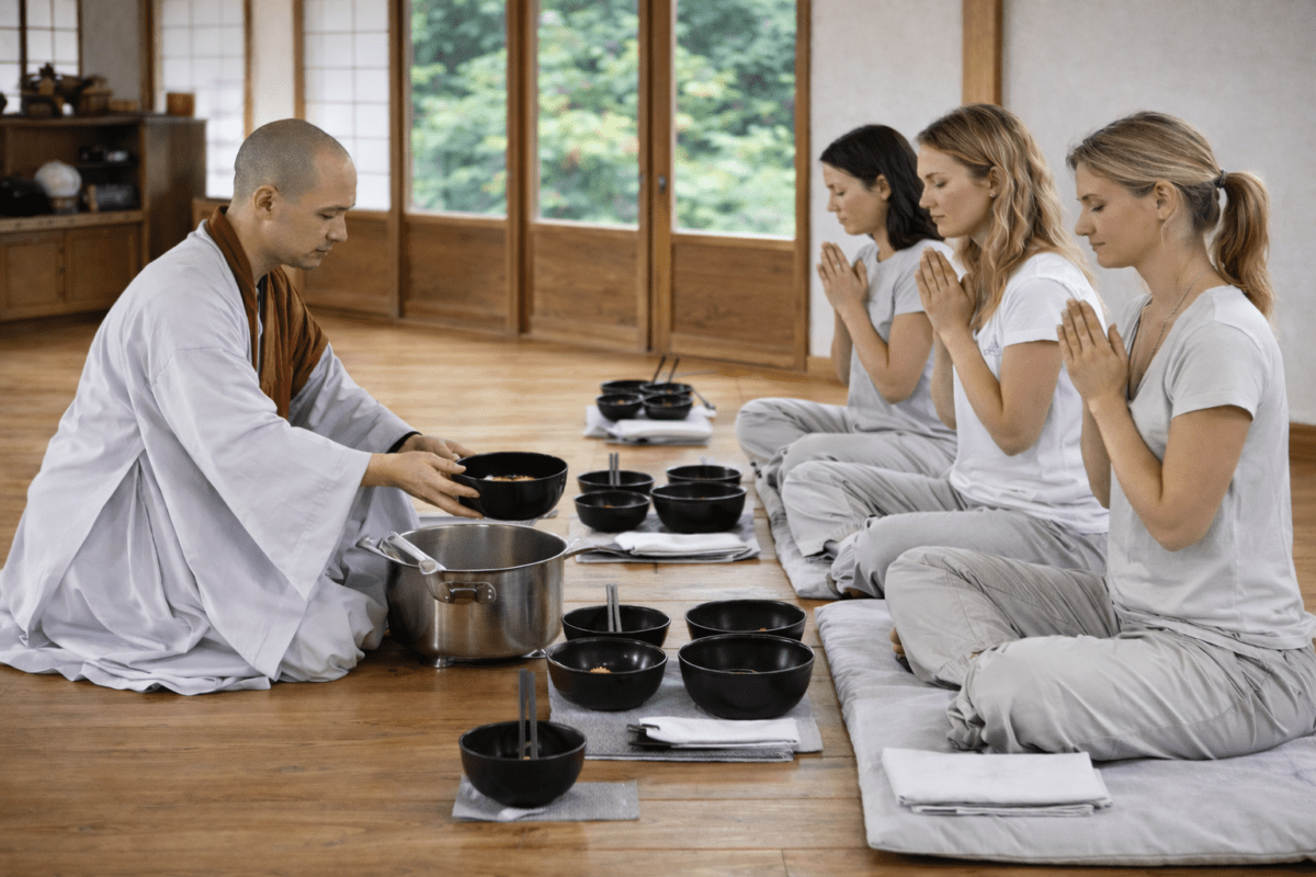 Temple kitchen experience monk serving baru bowls Western women praying Korean temple