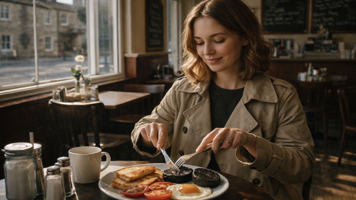 Korean beef soup origins — woman eating black pudding at a British cafe
