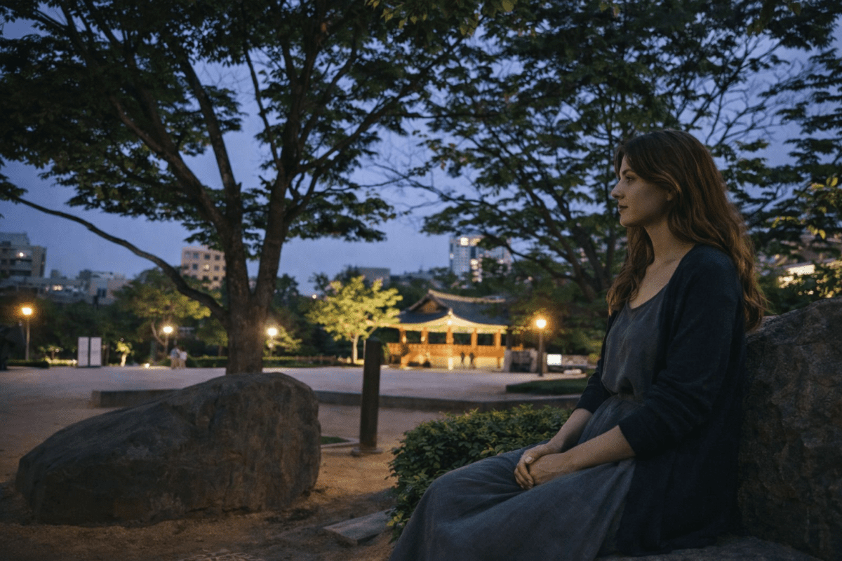 dragon hour meaning in astrology — a young woman sitting alone in a park at blue hour with a lit pavilion behind