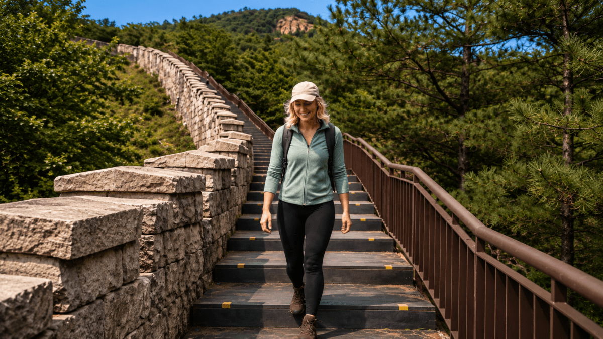 Hiker descending a restored section of the Seoul Fortress Wall, Bugaksan mountain's ridge stretching ahead.