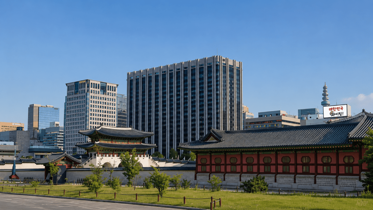 Gyeongbokgung Palace sitting beneath modern Seoul towers, the view Bugaksan mountain's ridge was built to watch over.