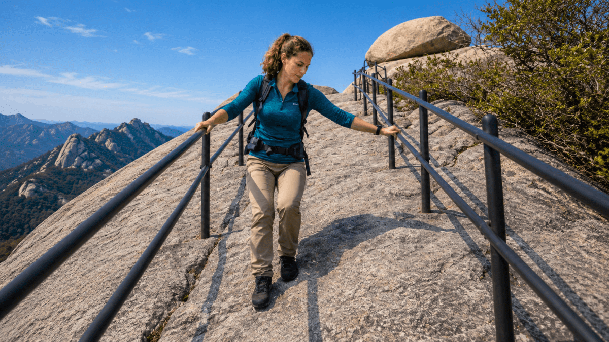 A hiker grips steel cables descending the exposed granite summit of Baegundae on Bukhansan, the demanding final stretch of Bukhansan hiking