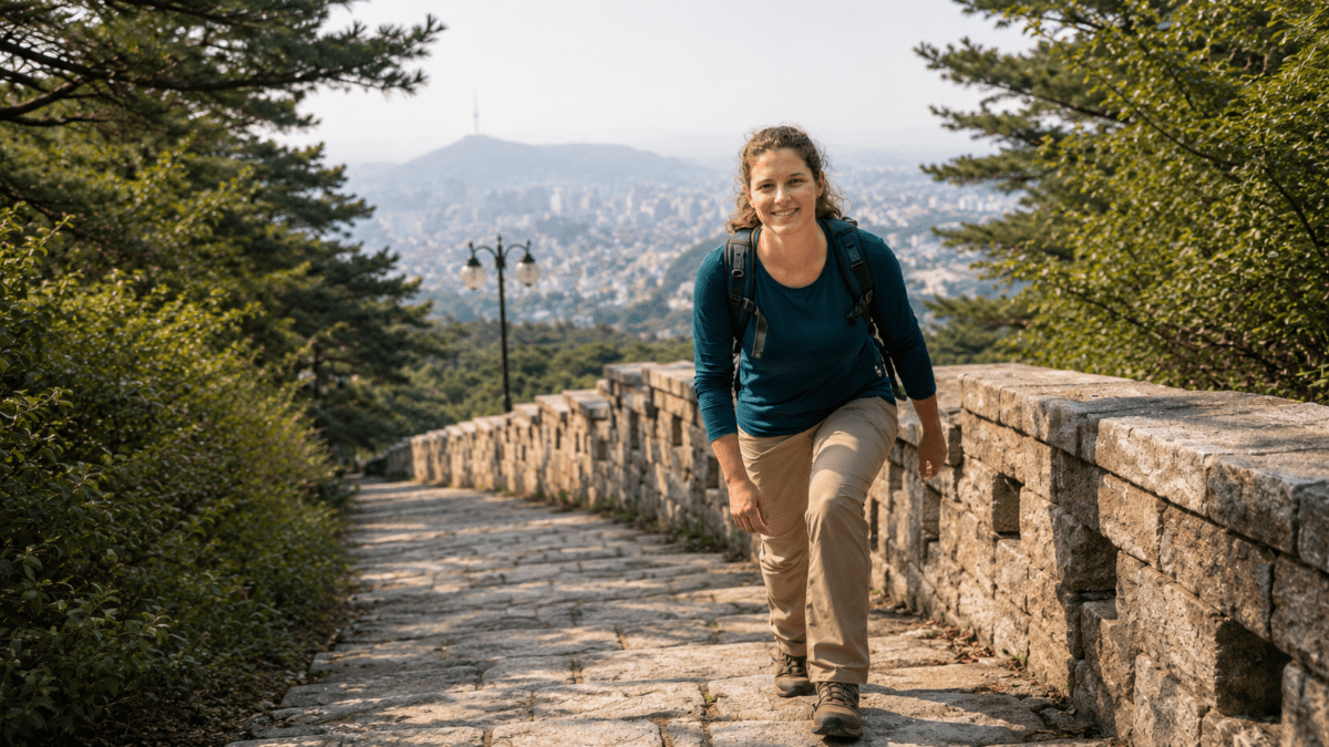 A hiker climbs a stone fortress path along Bukhansan's ridgeline with Seoul's skyline visible below, capturing Bukhansan hiking