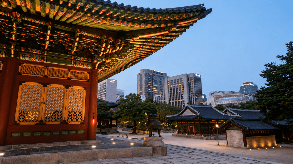 A traditional Korean palace gate glows at dusk against Seoul's skyline, marking the alignment behind Bukhansan hiking